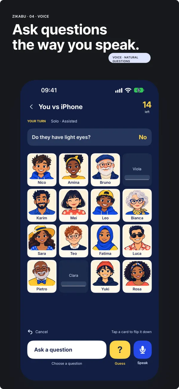 Zikabu game board with a voice question and sixteen characters